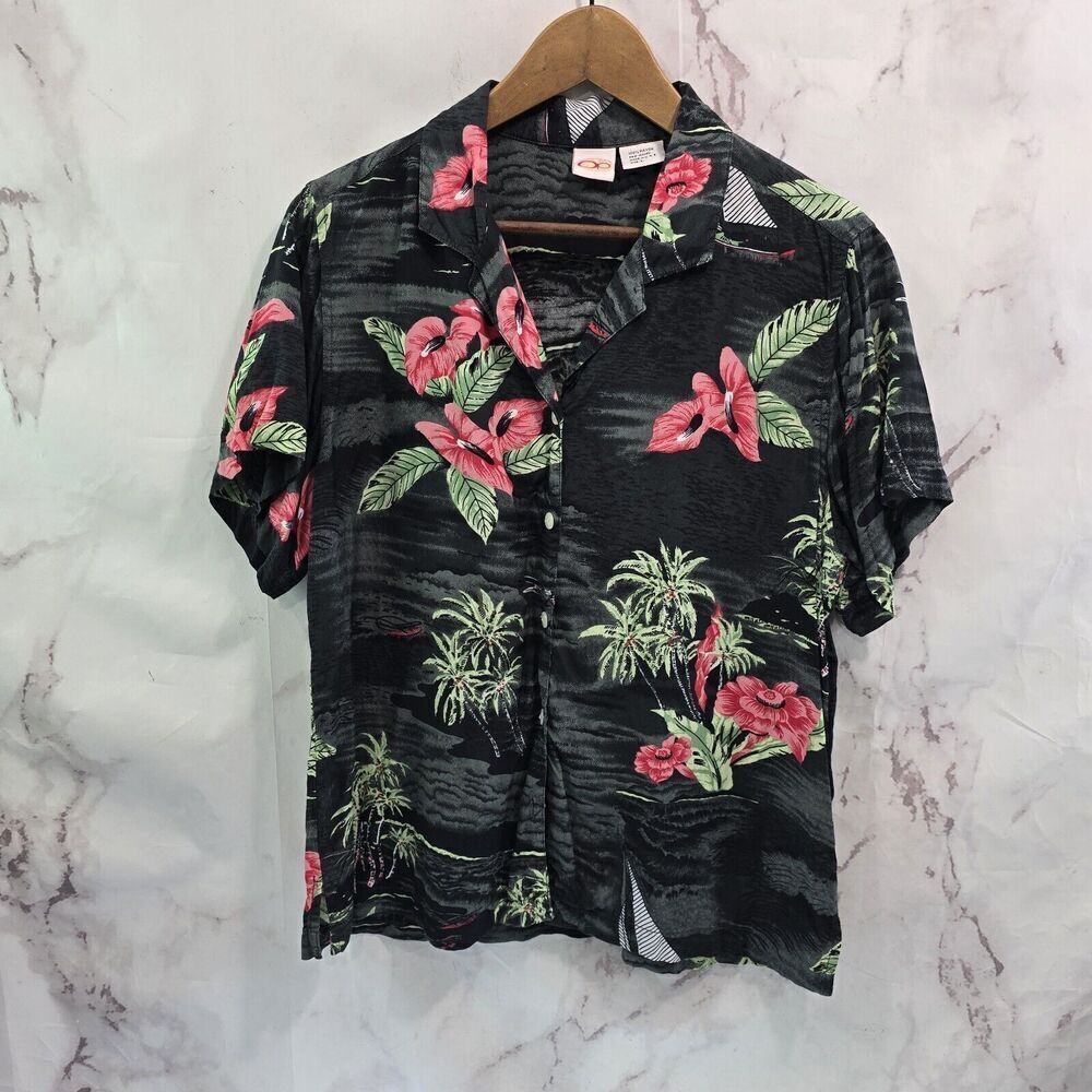 Vintage OP Shirt Mens Medium Black Green Button Up Short Hawaiian Leaf Tropical